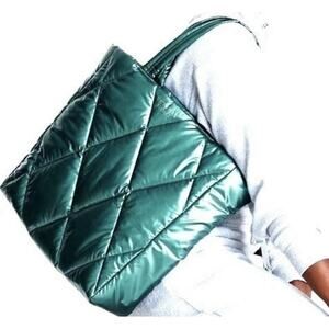 Victoria's Secret Puffer Puff Tote Bag Large Quilted Green Teal Metallic
